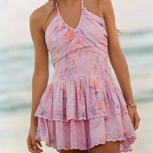 LoveShackFancy Aqua Halter Mini Dress